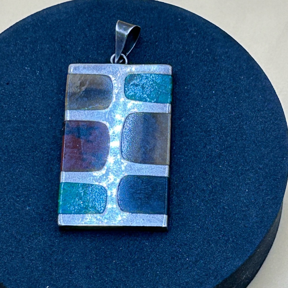 Vintage Taxco Quintin sterling silver inlay stones, mosaic necklace, pendant